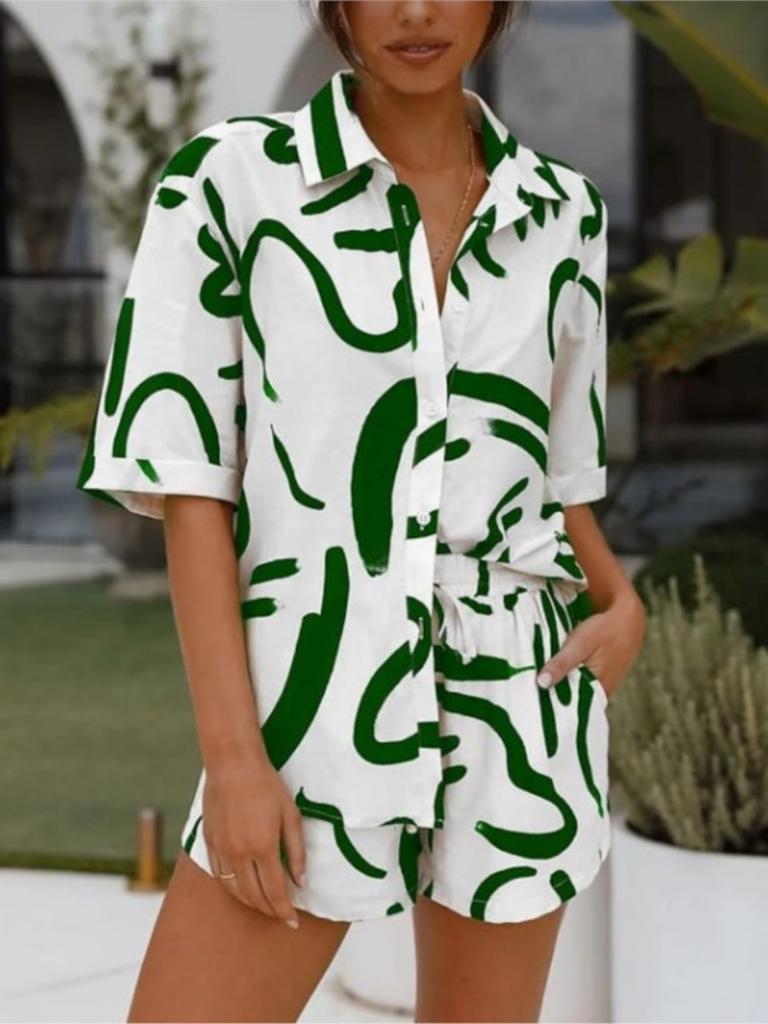 2026 Casual Short Sleeve Shirt Shorts Set Office Lady Summer Geometric Print Tops Lace Up Pants Two Piece Set Women Outfit