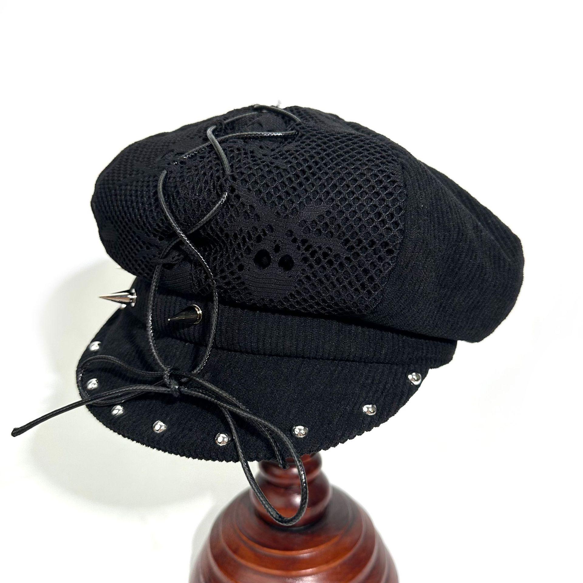 

Hat Women S Trend Rivet Beret Non-Mainstream Octagonal Hat Wind Premium Navy Hat M（56-58cm） чорний