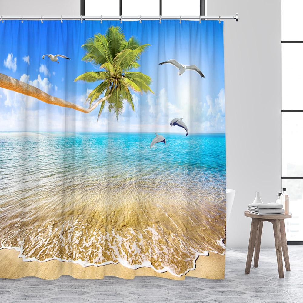 

Beach Shower Curtain Blue Ocean Starfish Conch Shell Sunset Island Landscape Bathroom Curtains Decor Polyester Fabric with Hooks 120x180cm-47x70in