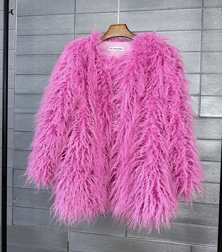 Korean Style Women's Tan Faux Lamb Wool Mid-Length Coat