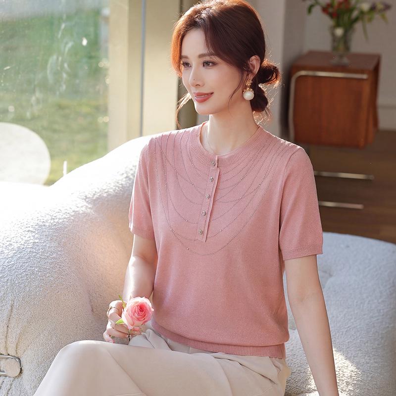 Mother's Day 2026 Ice Silk Short-Sleeve Blouse - New Style, Lightweight Knit for Middle-Aged & Elderly Women
