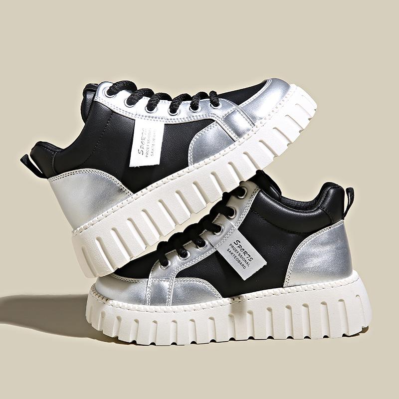 European American Color Blocking High Top Women's Shoes 2024 Spring Autumn Season New High Rise Thick Sole Sports Board Shoes