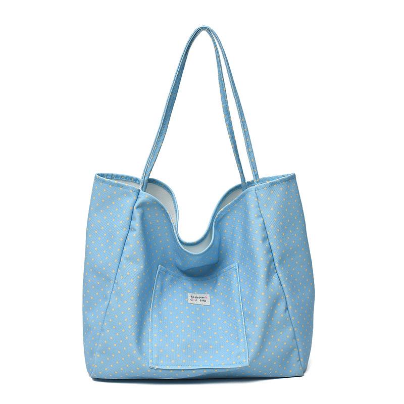 Large Capacity Canvas Tote Bag for Women Polka Dot Student School Commuting Korean Style Literary Shoulder Bag