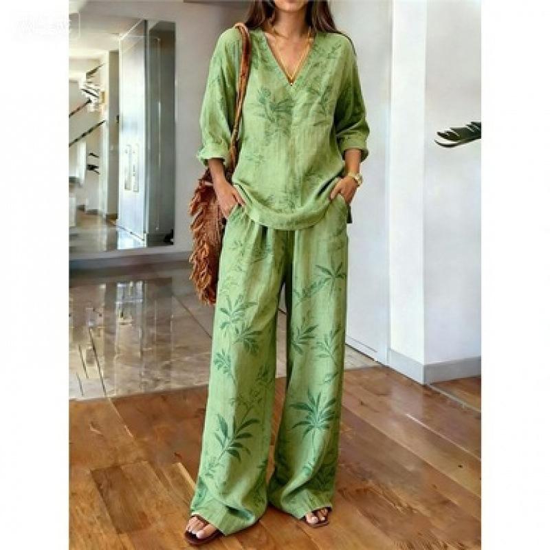 1D New Vacation Casual Suit Women's Bohemian Printed Cotton and Linen Shirt Wide Leg Pants Two-piece Set