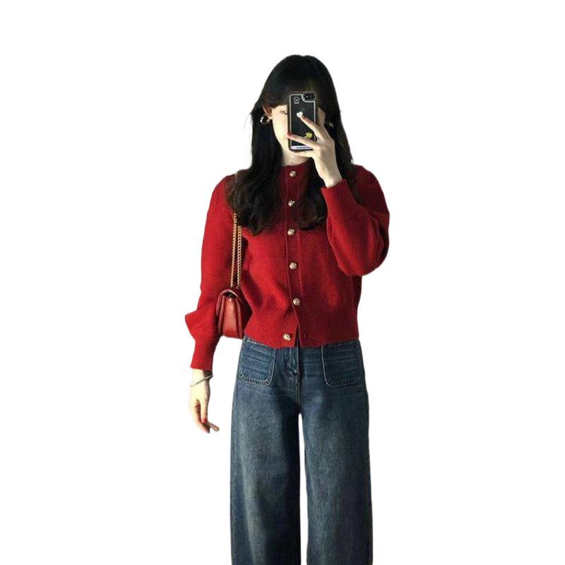 Auspicious Red Waist-Defining Knit Cardigan Sweater for Women