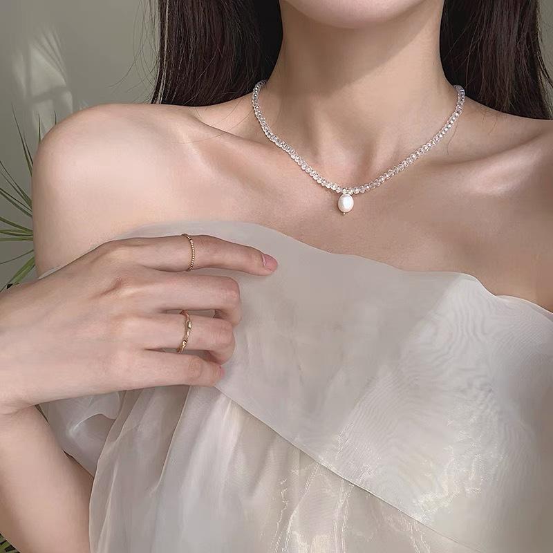 Korean Ins Style Fashion Temperament Imitation Pearl Pendant Necklace Female Japanese and Korean Ins Niche Crystal Chain Collarbone Necklace