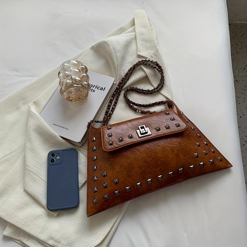Golden Leather Texture Single Shoulder Casual Women's Hand-held Bag - Vintage Rivets Armpit Slung