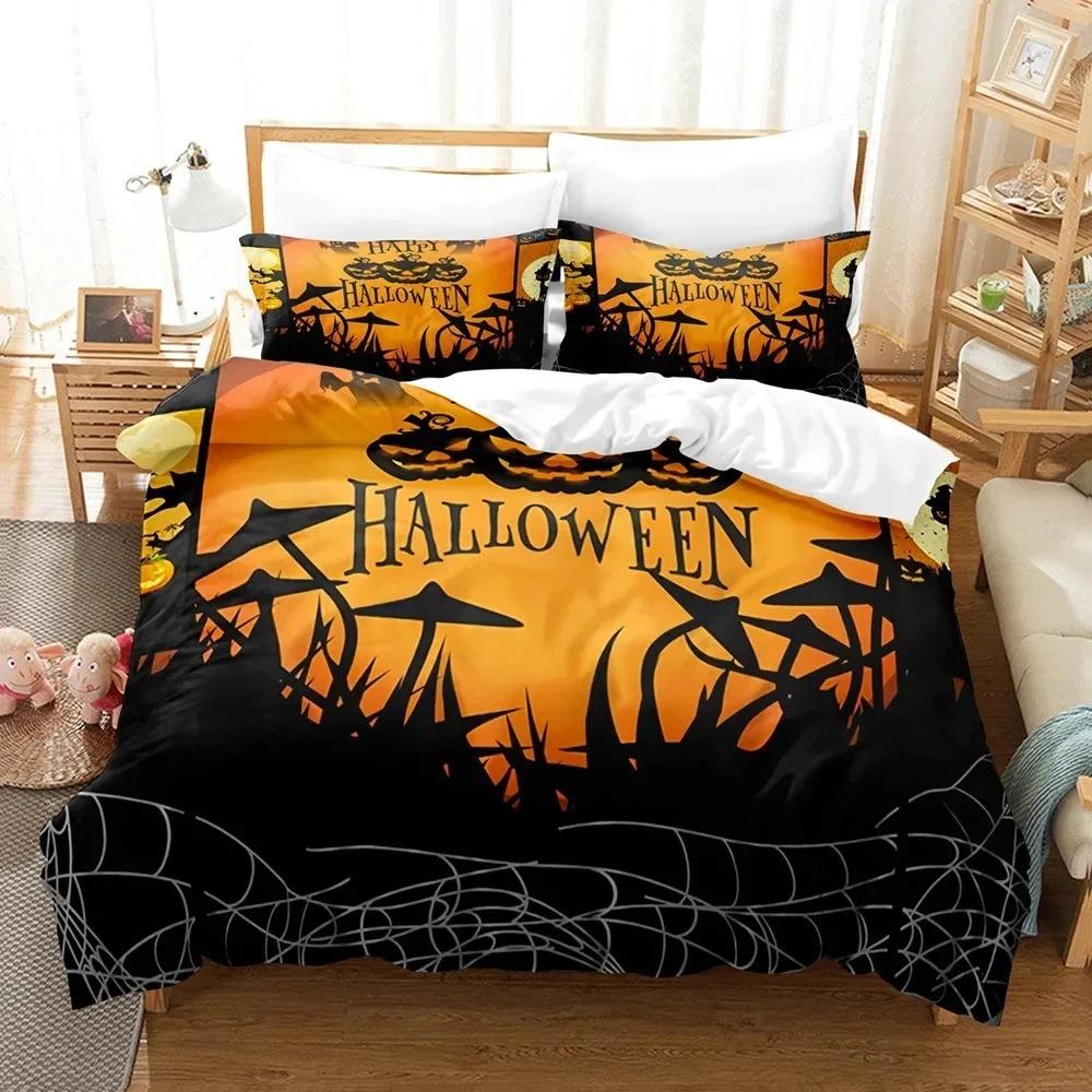 Comforter Halloween Bedding Set Kingqueen Size Cartoon Pumpkin Lantern Castle And Bat Dark Horror Night Polyester