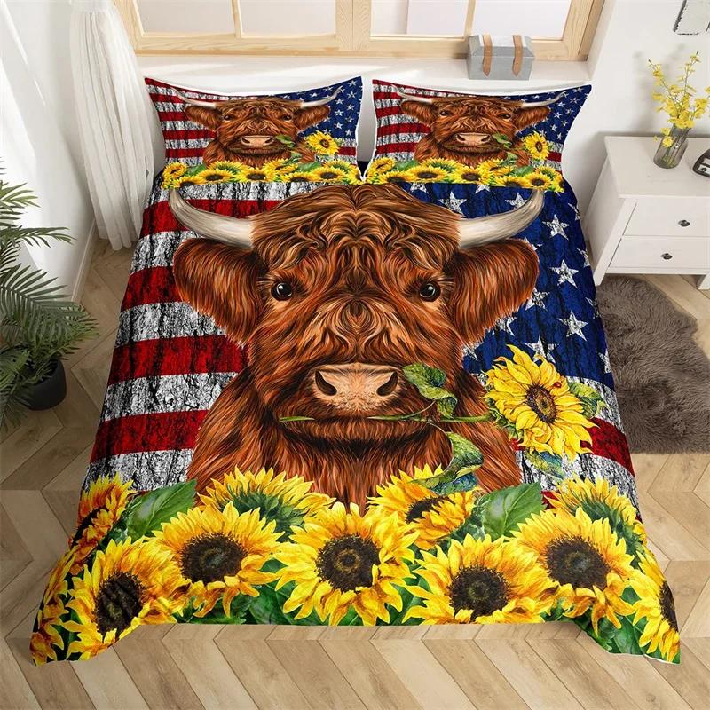 Hochlandrind Bettbezug Bulle Sonnenblume Kuh Bettwäscheset Queen Für Jungen Männer Mikrofaser Wildtiere Bauernhaus Tier Bettdeckenbezug