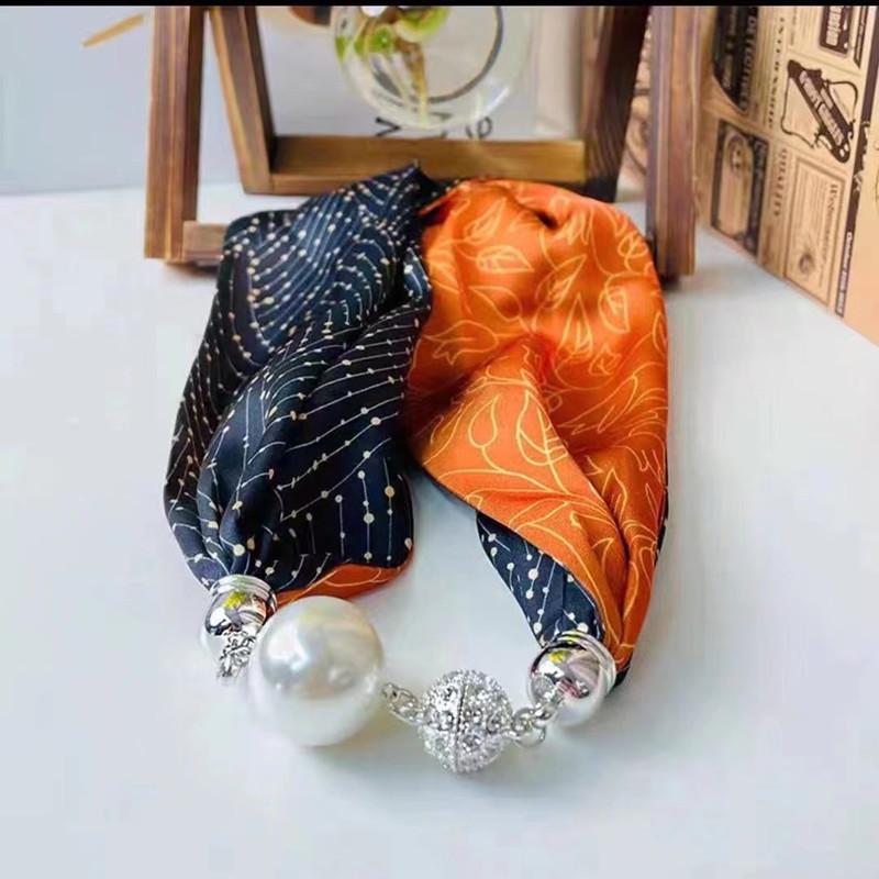 Live Season Magnet Buckle Silk Scarf Women'S Pearl Necklace Long Silk Scarf Headband Decorative Small Scarf