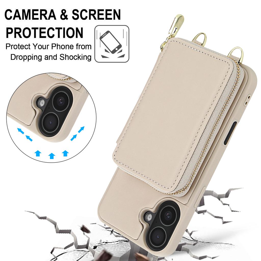 For iPhone 16 Plus Case RFID Blocking Zipper Wallet Leather + TPU Phone Cover with Shoulder Strap