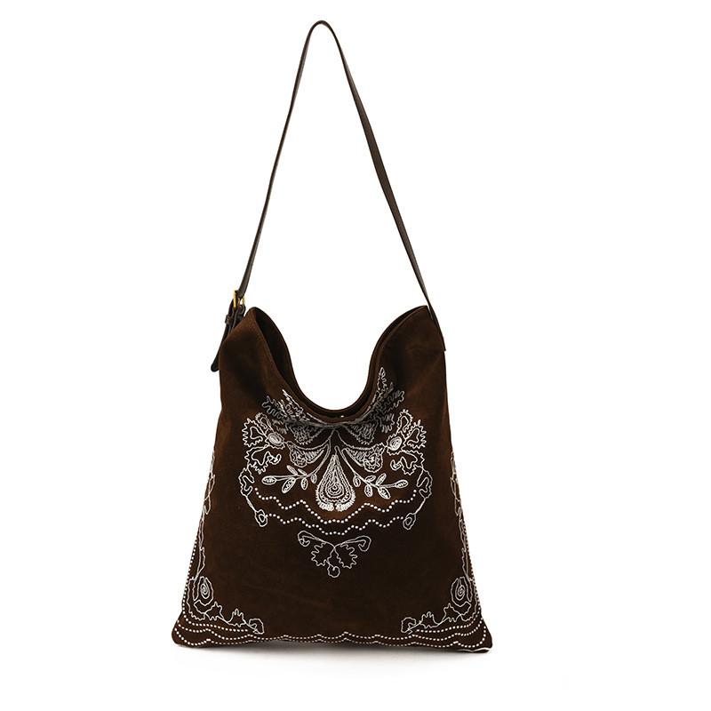 Retro Suede Leather Handbag For Women With Large Capacity And Embroidered Style