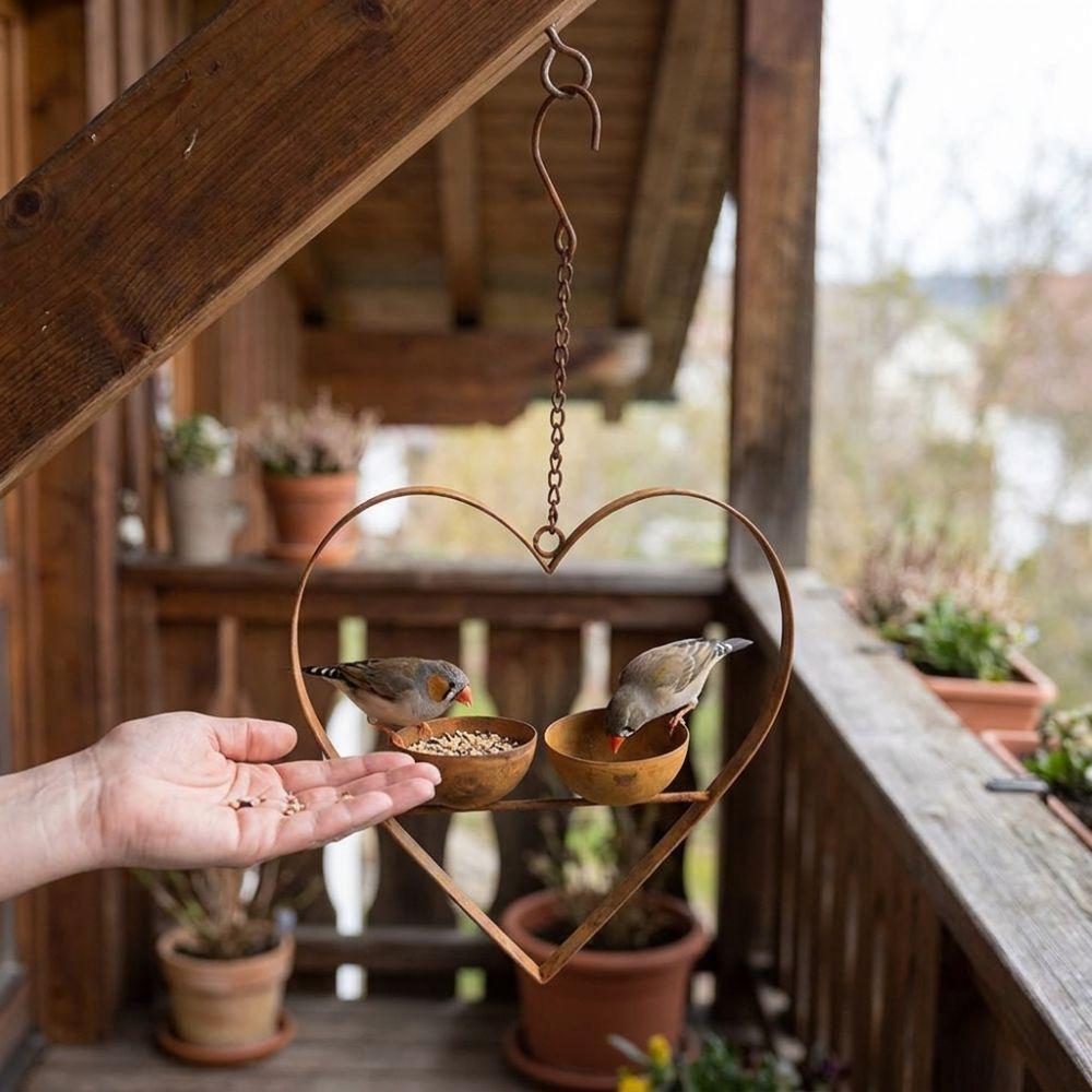 Double Bowl Hanging Bird Feeder Iron Art Bird Feeding Station Heart Shape Bird Feeder  Outdoor Use