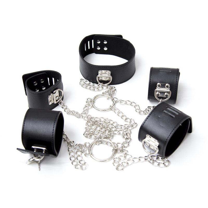 Sex Toys Faux Leather Handcuffs Neck Collar Wrist Ankle Cuffs BDSM Bondage Set Shackles Erotic Restraint Adult Slave Game Sex Toys