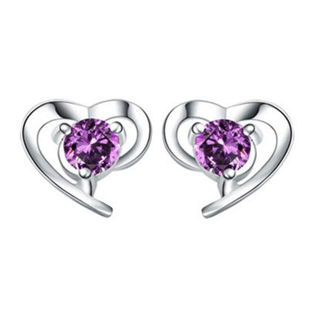 Heart Shaped Fashion Amethyst Earrings Silver Plated White Copper Jewelry for Women