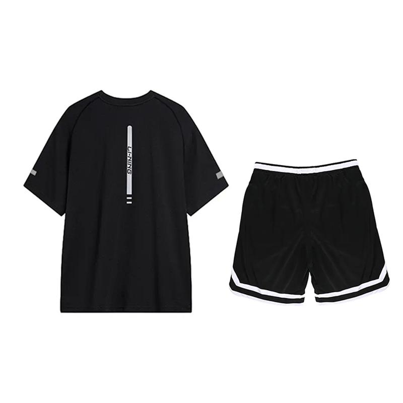Li-Ning Letter Round Neck Loose Shoulder Short Sleeve T-Shirt Breathable Fashion Shorts Casual Sports Suit Unisex Suit Black YTSU163-3+YAPV001-1