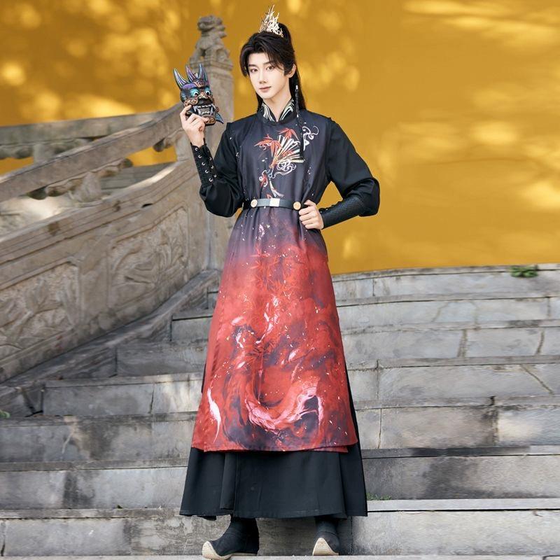 Chinese Song Dynasty Style Hanfu For Men And Women Round Neck Robe, Daily Black And Red, Couple Suit