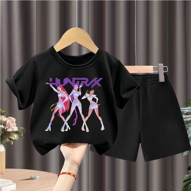 Summer Children Casual T Shirt Sets K POP Cartoon Printed Girls Short Sleeve Top and Shorts Two Piece Suit Kids Fashion Outfits