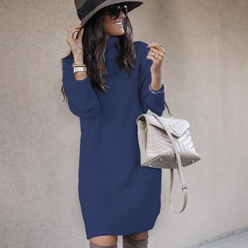 Women's Winter Loose Sweater Knee-length Long-sleeved Autumn High-neck Warm Knitted Casual Mid-length Sweater Skirt