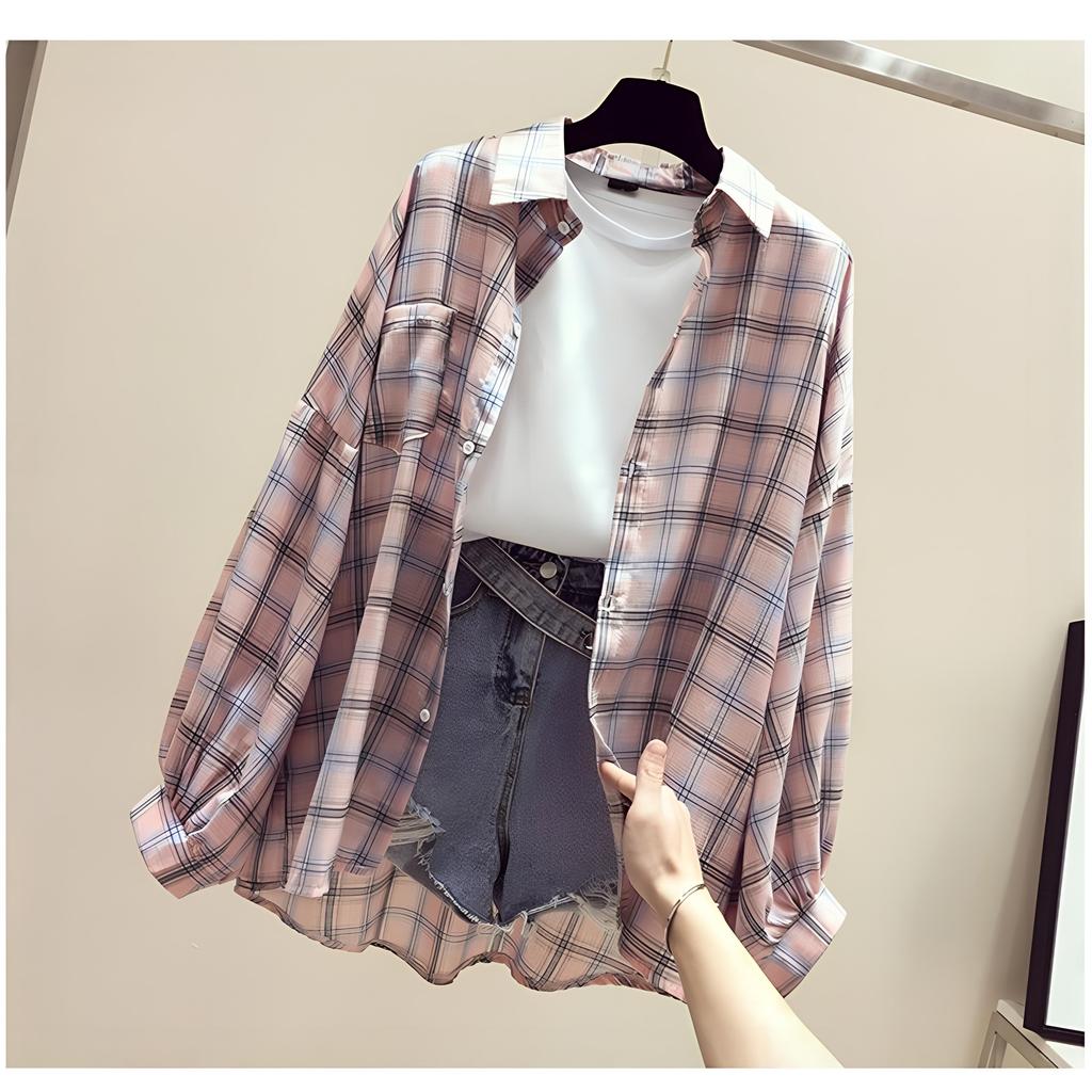 Spring Summer Fashion Women's Vintage Plaid Chiffon Blouse - Long Sleeve Loose Casual Shirt for Sun Protection & Daily Wear shirts