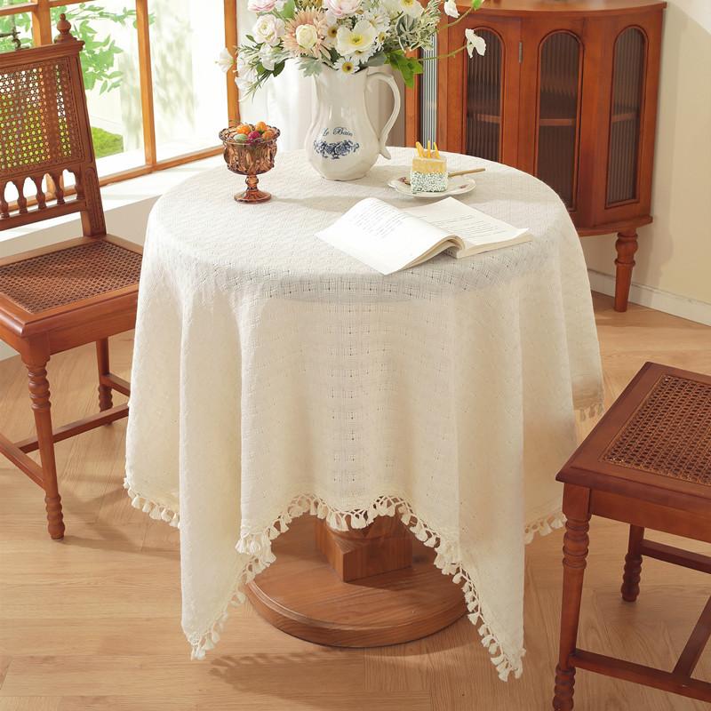 Light Luxury Cotton Apricot Embroidered Flowers And Plants Animal Skirt Pleated Lotus Leaf Edge Round Coffee Table Tablecloth Dining Table Cloth