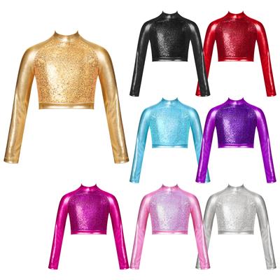 Kids Girls Shiny Metallic Long Sleeve Mock Neck Crop Tops for Dancing Stage Performance