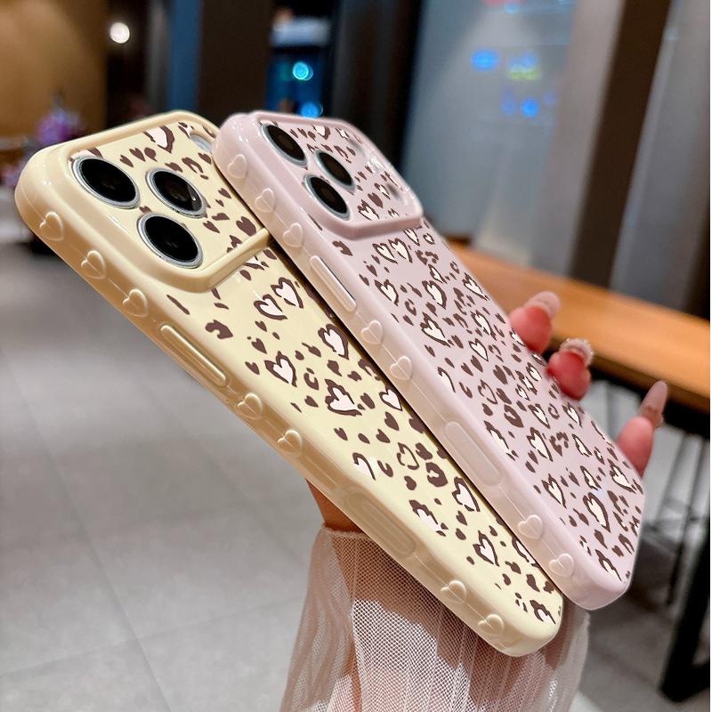 Leopard Print With Hearts Soft Heart Relief Side Phone Case For iPhone 17 16 15 14 13 12 11 Pro Max 14 Plus Shockproof Cover