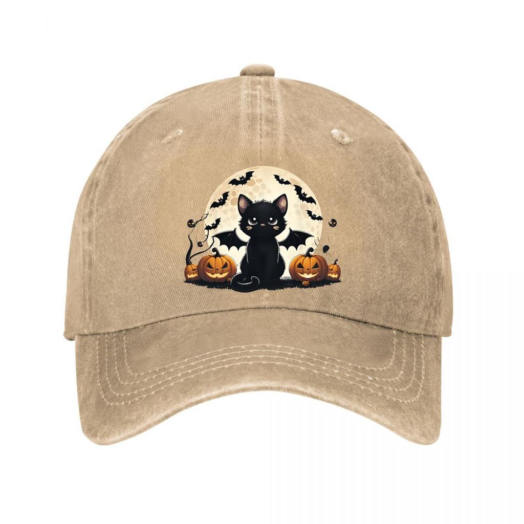 Halloween Black Cat Bat Wings Jackolanterns Decor Washed Baseball Cap Outdoor For Womens Unisex FeUnisex