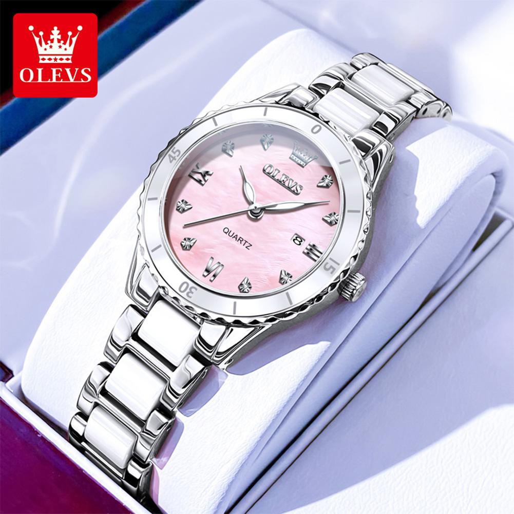 OLEVS 9985 Elegance Dámské Originální Quartzový Strojek Hodinky Keramická Ocel Okénko s Datem Diamantové Svítící Vodotěsné Hodinky