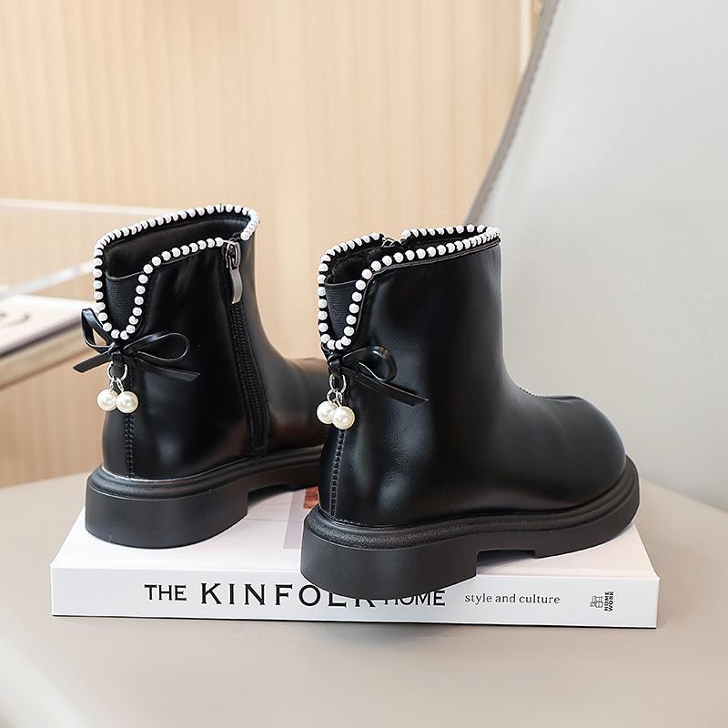 Girls' short boots, foreign princess leather boots, pearl bow children's Martin boots 2025 autumn and winter new fashion single boots