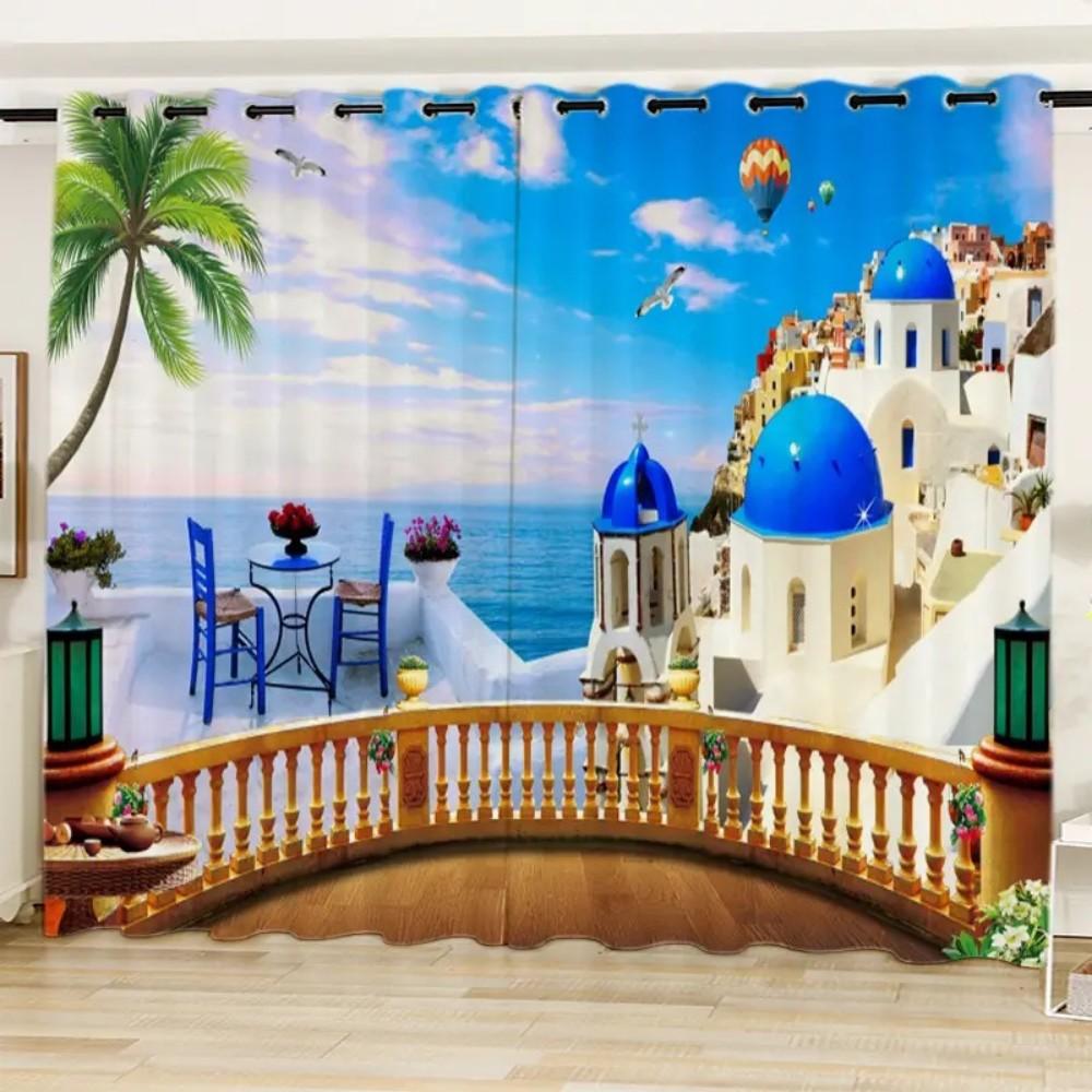 

2 шт. балконная штора в ландшафтном стиле с принтом для домашнего декора, карманная штора для спальни, офиса, кухни, гостиной Milled cotton fabric&Rod Pocket