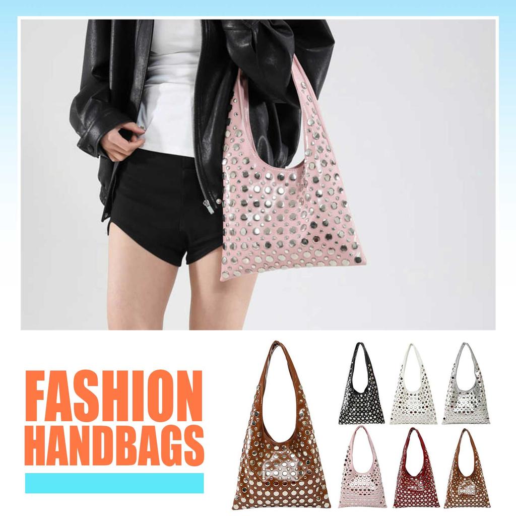 Women Polka Dot Rivet Bag Large Capacity PU Leather Fashion Shoulder Bag Punk Rivet Tote Bag Ladies Travel Bag