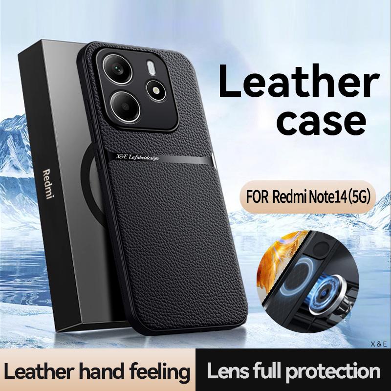 For Redmi Note 14 leather texture built-in magnetic TPU soft edge anti-drop anti-fingerprint phone case
