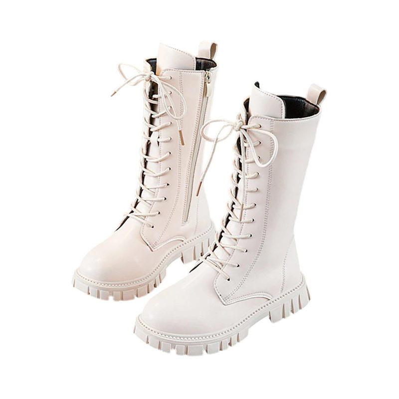 Bottes Blanches à Lacets Bottines Fermeture Éclair Latérale Semelle Souple Cuir Bottes Mi-Haut Habillage/École Équitation Enfant Mode Automne/Hiver