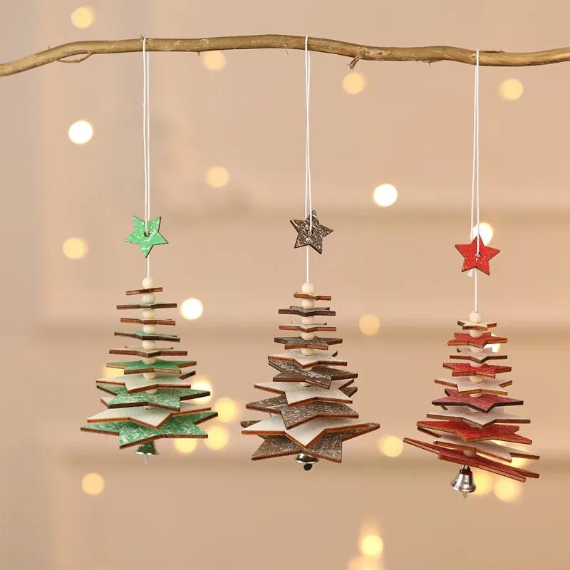 Christmas Wooden Bell Pendant, Creative Five Pointed Star Snowflake Christmas Tree Three-dimensional Small Hanging Decoration