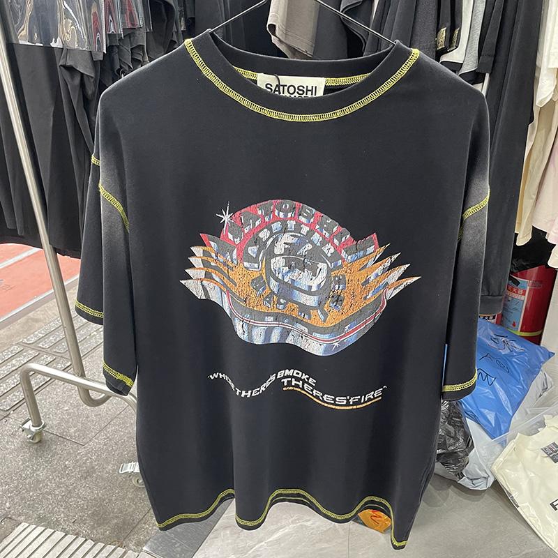 RogueWave Men Woman Fashion Crewneck Washed Damaged Hole Old Graffiti Top Tee Print Short Sleeve Streetwear