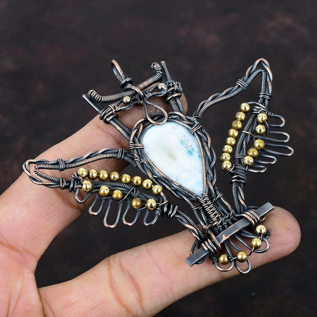 Larimar Pendant Copper Wire Wrapped Pendant Gemstone Pendant Owl Pendant Copper Wire Wrap Jewelry Handmade Pendant Larimar Jewelry For Gift