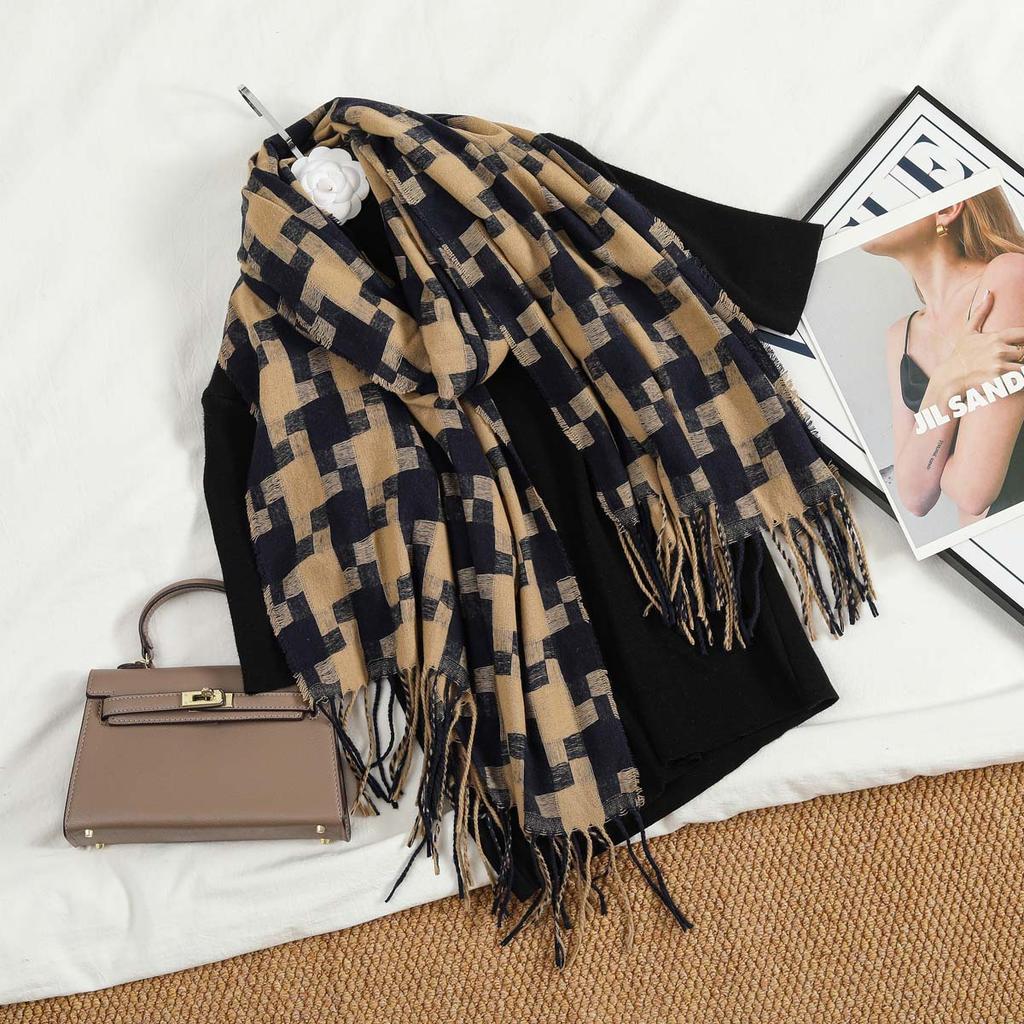 New Women's Retro Thousand Bird Grid Tassel Thickened Warm Scarf Japanese Korean Students Versatile Shawl