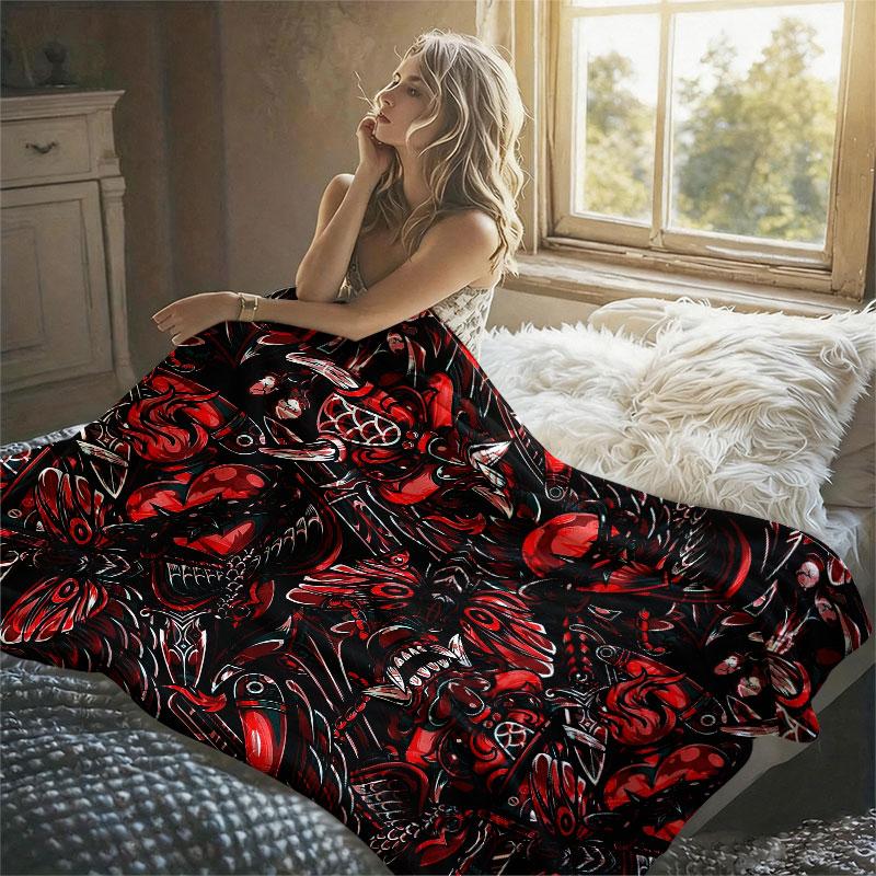 Red Oni Skull Flannel Blanket Warm Soft Halloween Christmas Decorative Couch Warm Cozy All-Season Gift