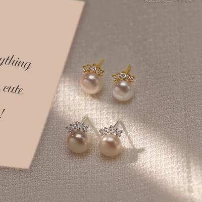 Geometric Zircon Simulated-pearl Crown Earrings Female Niche Versatile Exquisite Earrings Light Luxury High Jewelry Gift