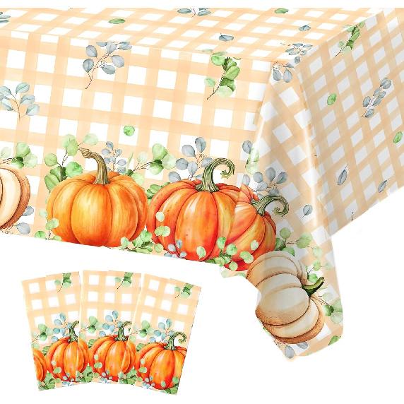 3 Pack Fall Thanksgiving Disposable Tablecloth, Light Yellow Buffalo Plaid Pumpkin Plastic Tablecloths for Rectangle Tables, Waterproof Table Cover Pumpkin Buffalo Plaid