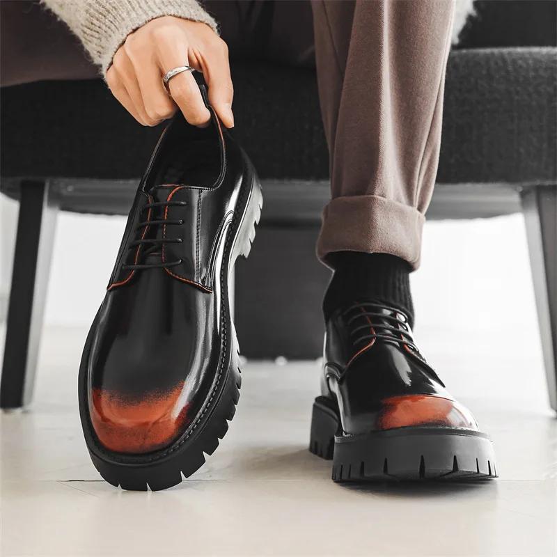Men'S Business Derby Shoes Trendy Mens Lace-Up Thick Sole Heightened Shoe Men Leather Casual Shoes