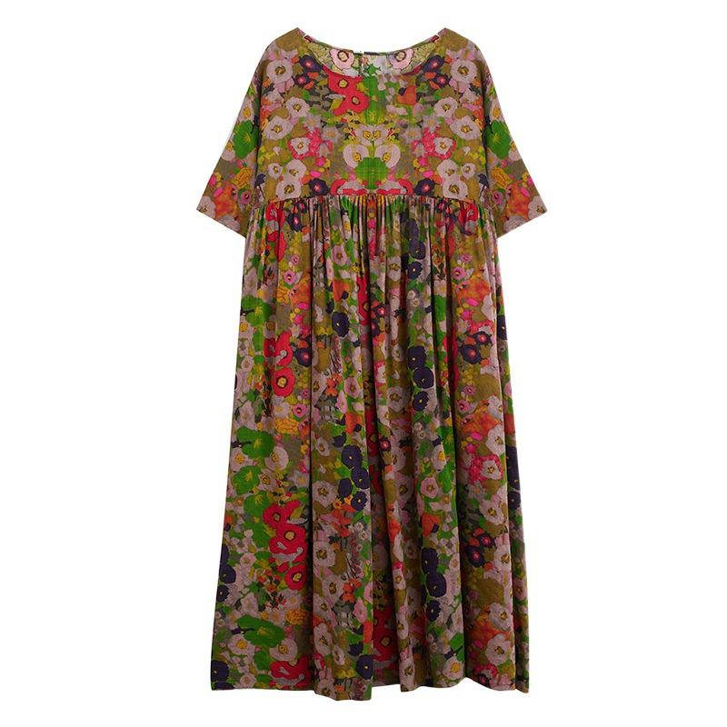 Summer Plus Artistic Retro Loose Round Neck Pullover Mid Length Short Sleeved Dress for Women Casual Dresses