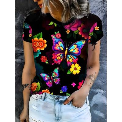 Summer Round Neck Women's T-shirt Fashion 3D Printing Colorful Floral Print Short Sleeve T-shirt Casual Sports Top