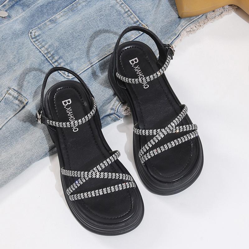 Sandals women's shoes 2025 summer new rhinestone muffin high heel outer wear platform fairy wind summer with skirt versatile