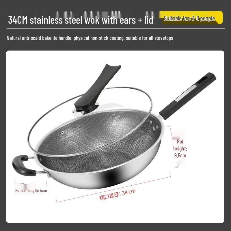 Stainless Steel Thickened Honeycomb Non-Stick Flat Bottom Wok Cookware