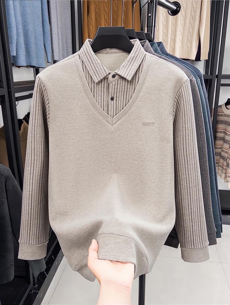 Men's Winter Turn-Down Collar Wool Sweater with Mulberry Silk & Velvet Lining - Warm Knitted Two-Piece Look