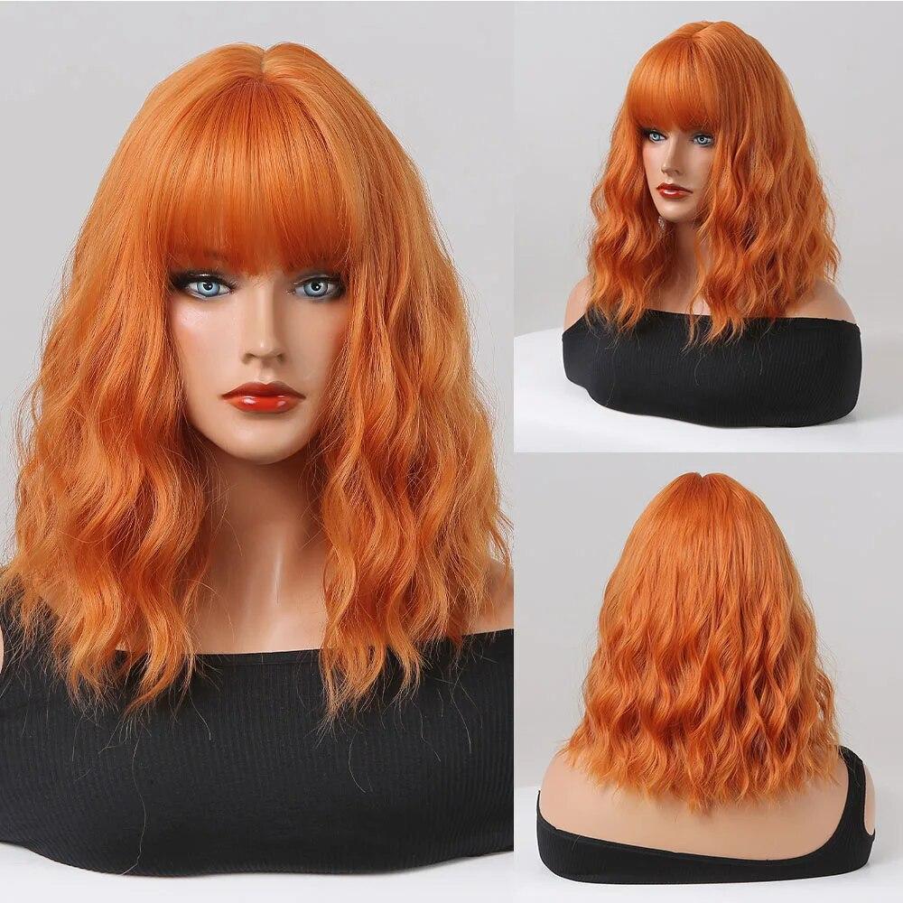 Short Straight Bob Synthetic Wigs with Bangs for Women Brown To Blonde Wig Cosplay Party Daily Heat Resistant Fiber Hair