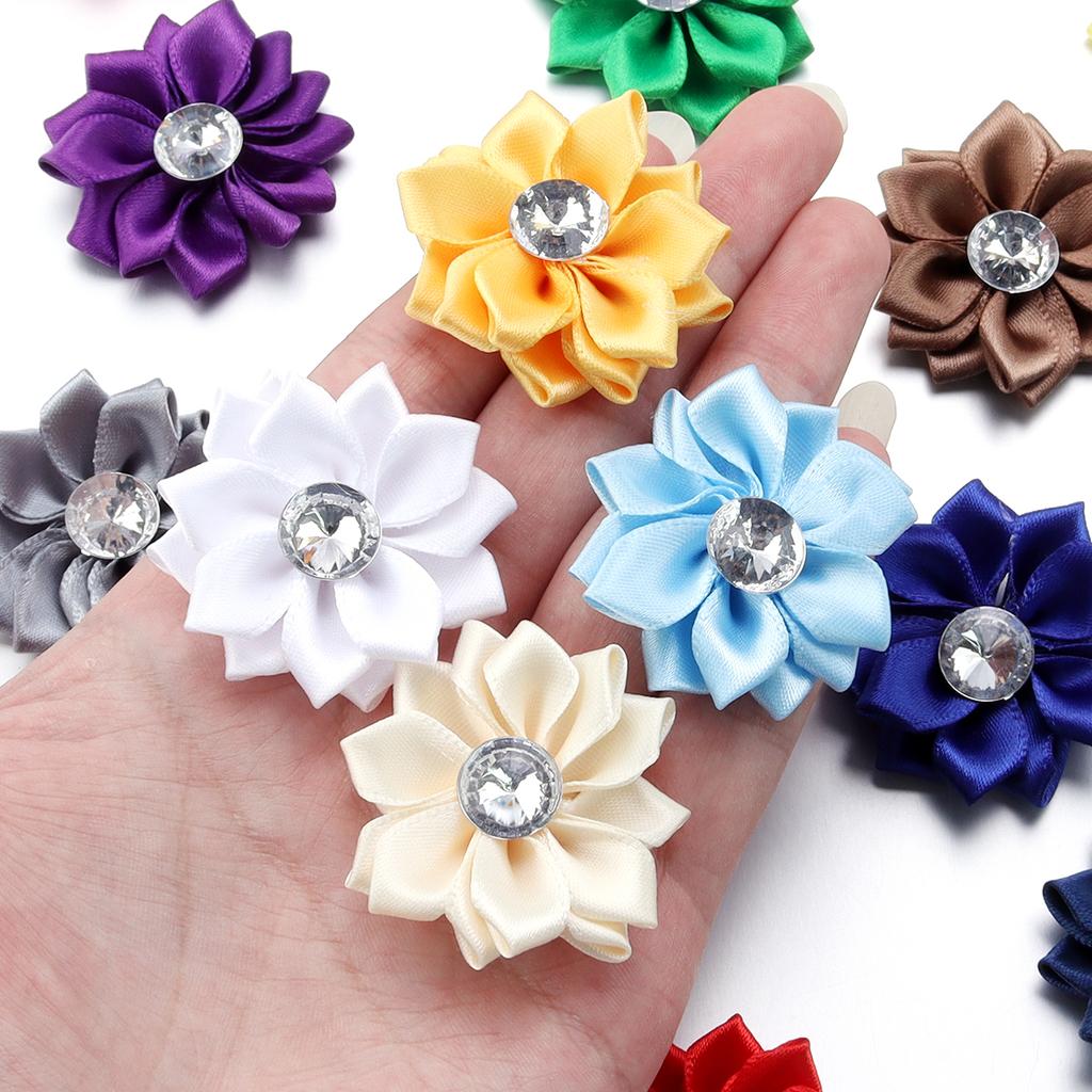 20pcs 4cm Mini Satin Ribbon Flowers Colorful Rhinestone Handmade Flowers For DIY Clothing Sewing Headwear Decoration Accessories