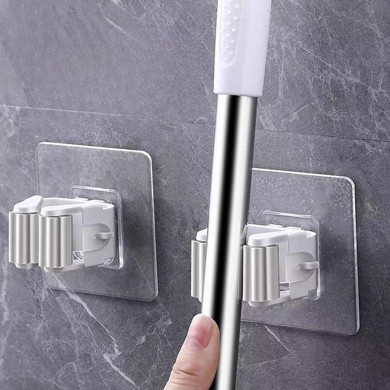 6BUC - Clemă puternică pentru mop cu scripete fără urme, suport pentru mătură suspendat fără perforare, cârlig pentru mop pentru baie, suport agățat cu cârlig adeziv
